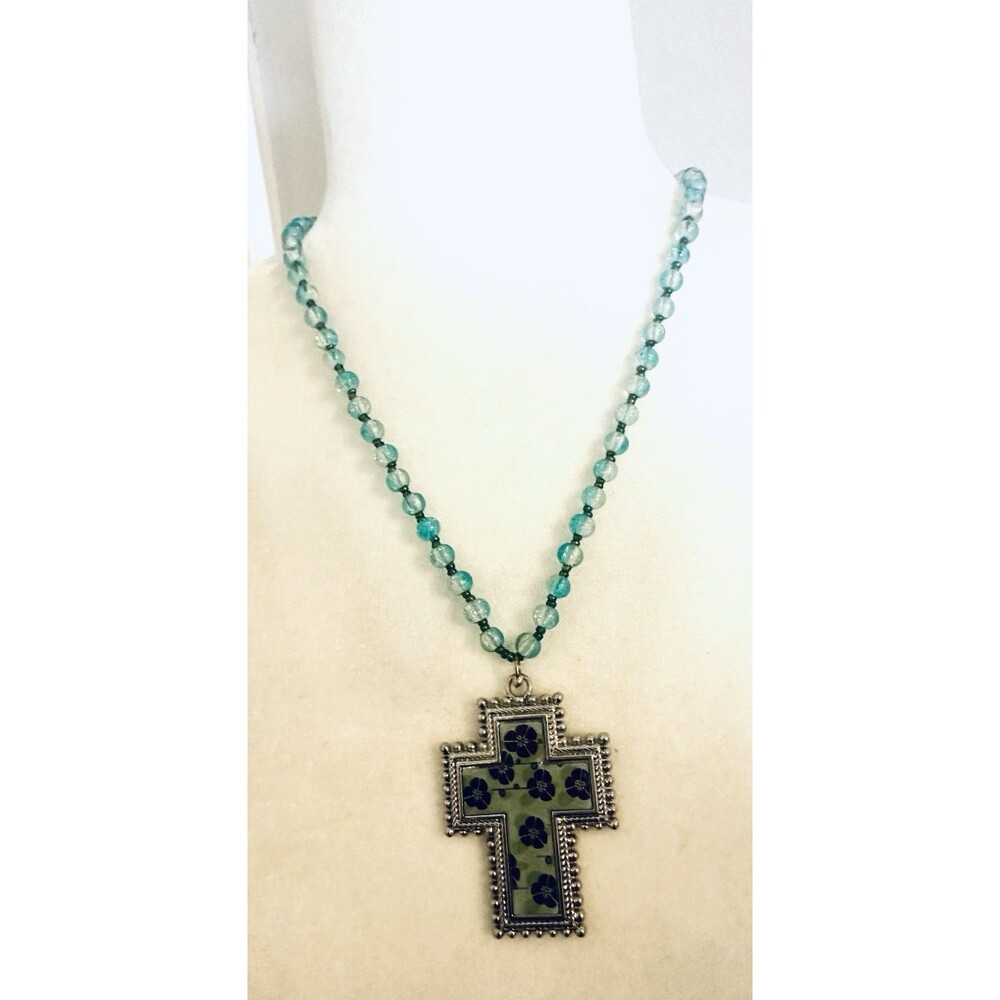 Floral Cross Pendant Necklace Aqua Crackle Look Beads Silver Tone 22”